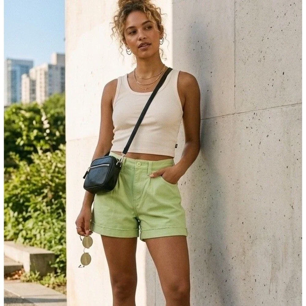 NWT Vans Barnes Canvas Shorts Lime Green High Rise Pleated Skater Boho 28